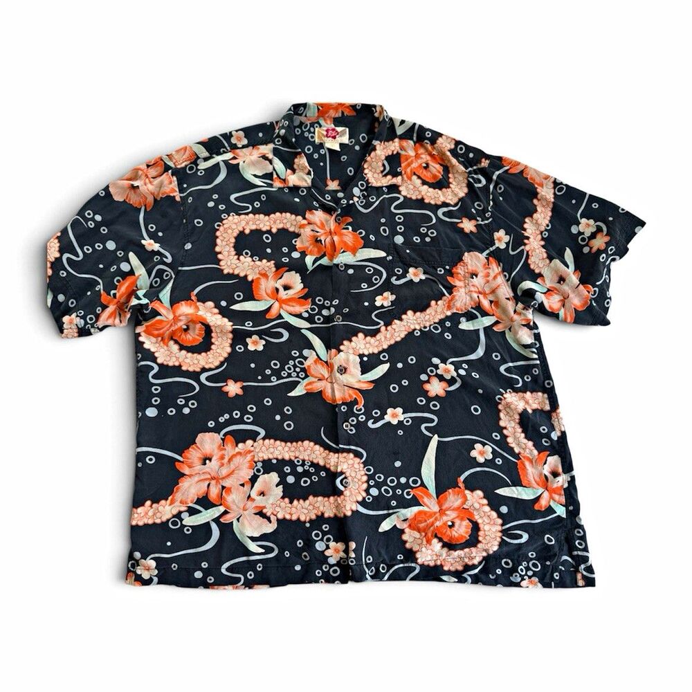 Hilo Hattie XL 100% Silk Aloha Hawaiian Shirt Black Floral Lei Print USA